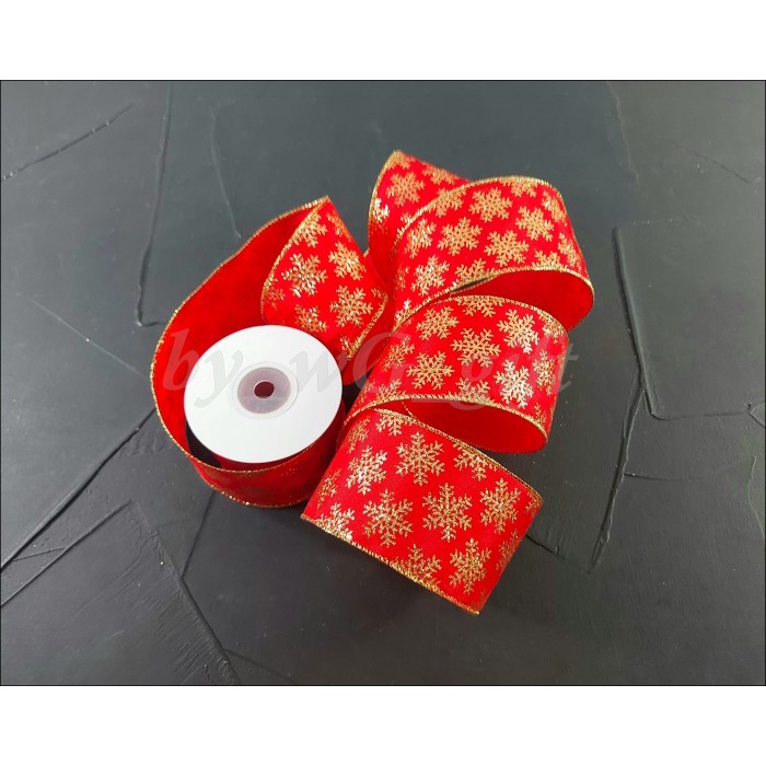 

[READY] Pita Natal -Merah Snowflakes Gold; Lebar 6.3 cm ; Panjang 10 yard