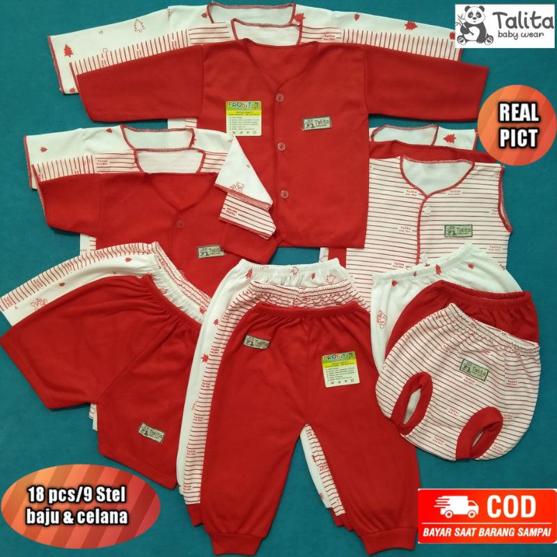 Talita Paket Hemat Kado Hadiah Lahiran 18 Pcs Newborn Seri Merah 9 Stel Baju dan Celana Bayi Baru Lahir