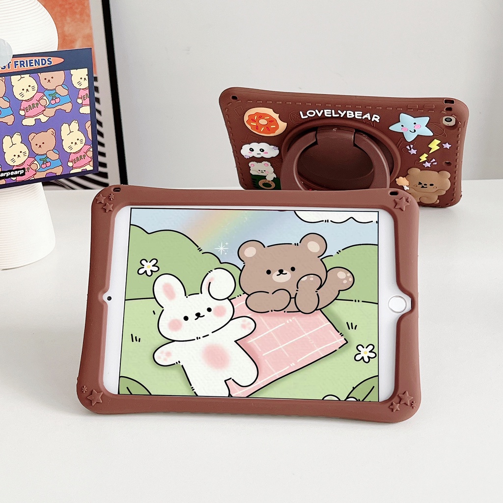 Casing Untuk Xiaomi Redmi Pad (2022) 10.61 &quot;VHU4254IN 5G 360° Soft Case Tablet Bahan Silikon Motif Kartun Beruang Coklat Dengan Ring Stand