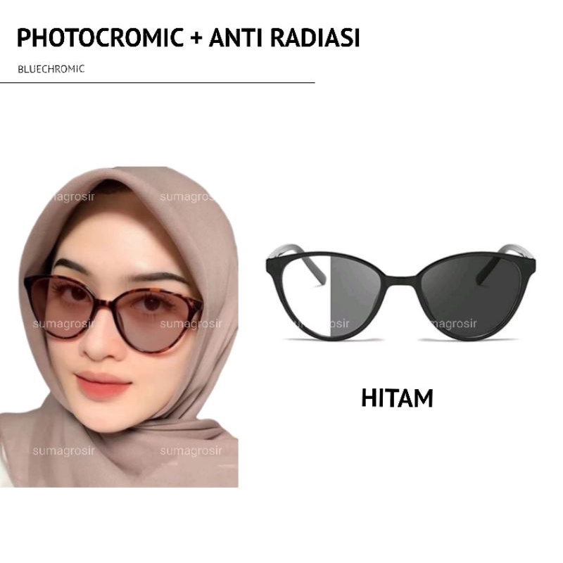 Kacamata Cat Eye Photocromic + Anti Radiasi BLUECHROMIC model gaya kucing cateye fashion korea Anti Silau UV Pria Wanita Photochromic Berubah Warna