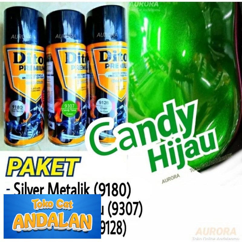 

Toko Cat Andalan - PAKET Diton Premium Candy Tone Green 9307 Hijau Candytone Silver Metallic 9180 Clear 9128 Cat Pilox Toko Cat Andalan Motor dan Mobil