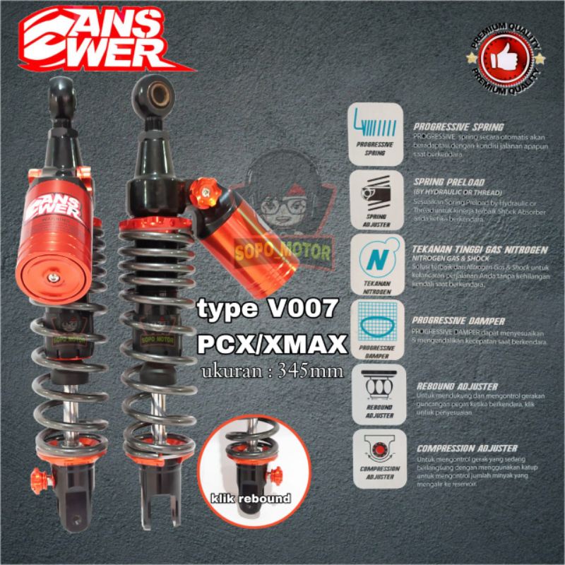 Shock belakang answer v007-345 pcx/xmax grey dan red