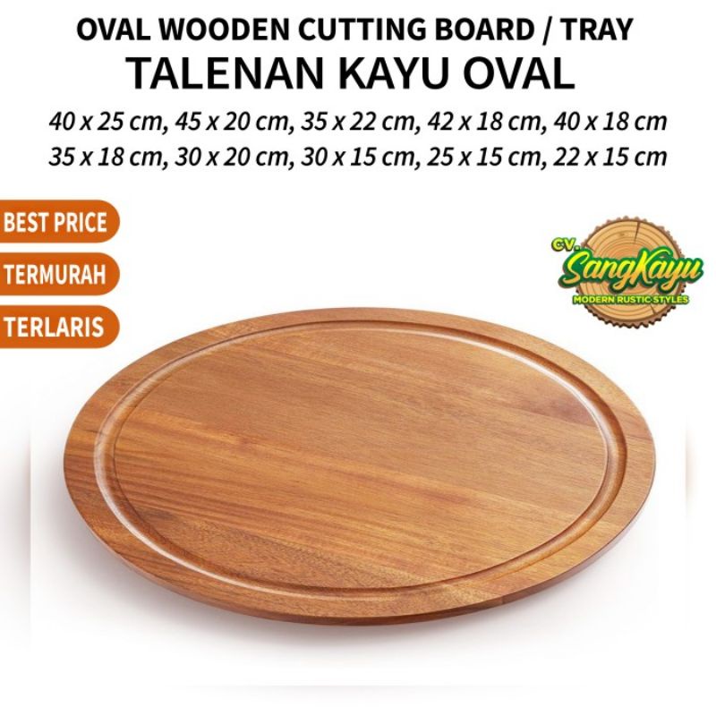 Talenan kayu jati mahoni oval cutting board line edge nampan oval tray