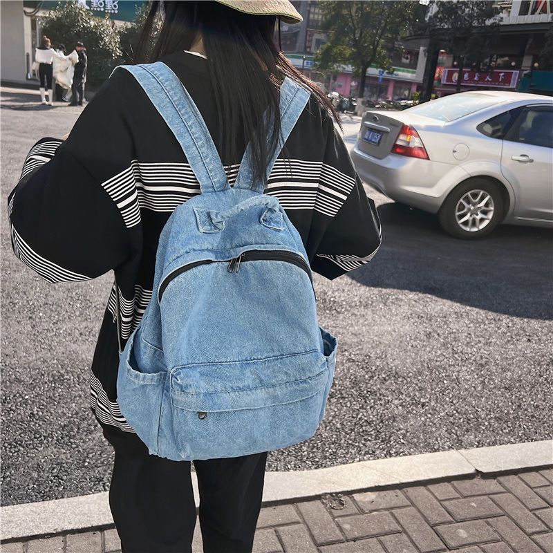 Sera Vintage Dicuci Ransel Denim Retro Tas Sekolah Kapasitas Besar Wanita SMA Mahasiswa Korea Tas Travel Pasang