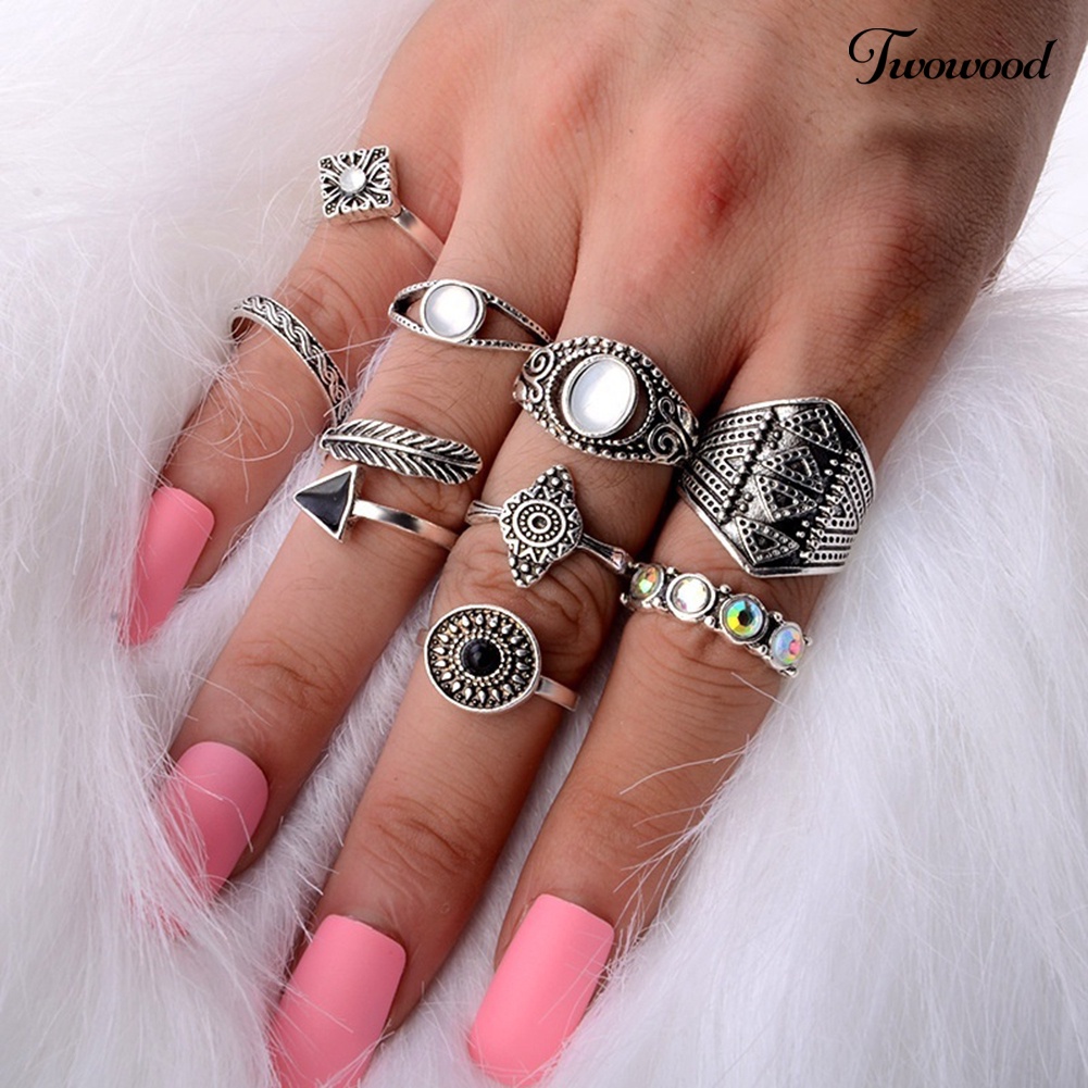 Twowood 10Pcs / Set Cincin Buku Jari Aneka Bentuk Gaya Boho Retro Untuk Wanita