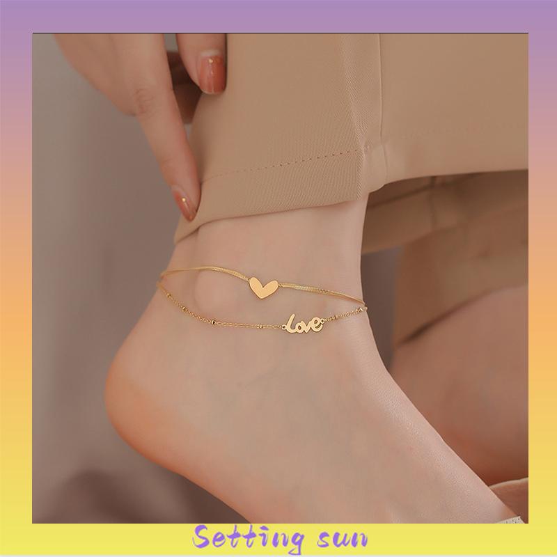 Gelang Kaki Titanium 2 Layer LOVEHuruf Hati Anti Karat Emas 18k Aksesoris Wanita Korea TN