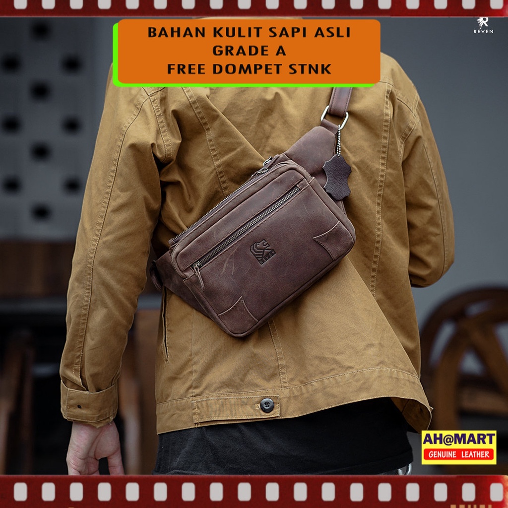 REVEN HZR Tas Selempang Kulit Pria Reven Hazar Waistbag Branded Original Kulit Sapi Asli Premium