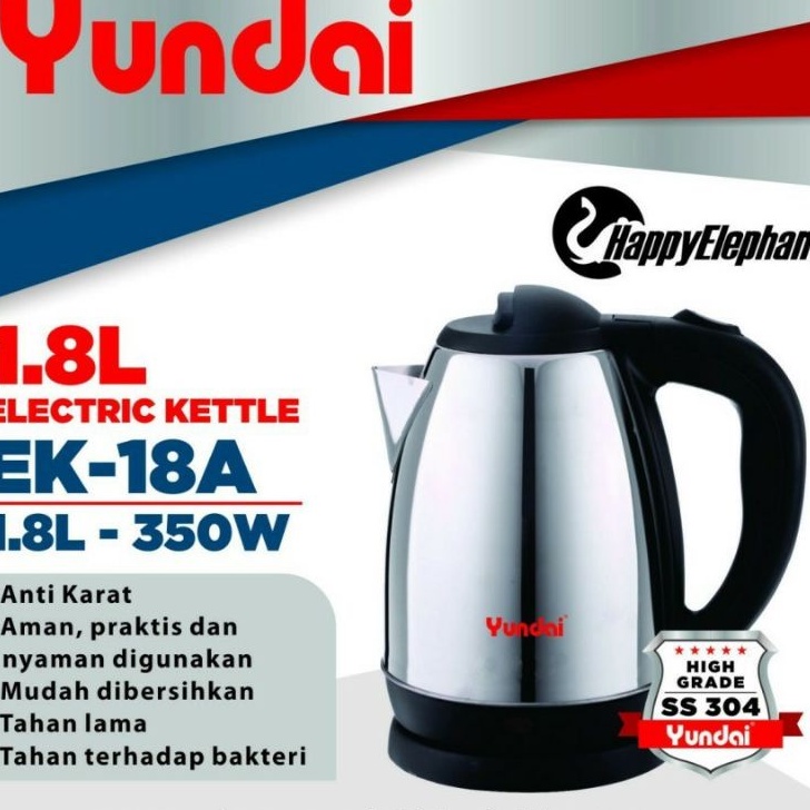 YUNDAI KETTLE LISTRIK 1.8LITER EK-18A 350 WATT TEKO AIR PANAS STAINLESS LOW WATT MURAH ORI