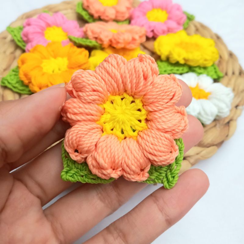 Aplikasi Rajut Bunga Kuning-Peach Bros Bunga | bahan kerajinan suvenir DIY craft