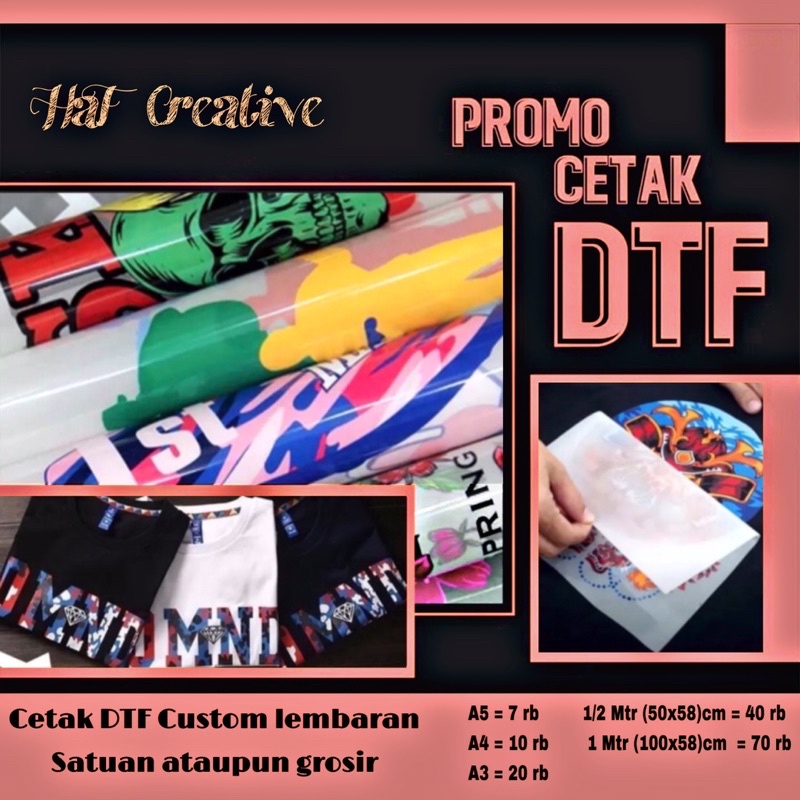 

Cetak DTF murah Per meter lembaran 100 x 58 per 1/2 meter 50x58 / Printing DTF murah A5 A4 A3 / Sablon DTF murah A5 A4 A3 / Custom satuan ukuran perlembar / per meter /per setengah meter /per cm / per centi termurah / sablon kaos premium berkualitas baik