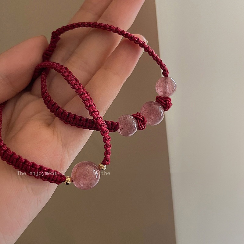 Gelang Tali Kepang Dengan Charm Bunga Kristal Strawberry Untuk Wanita