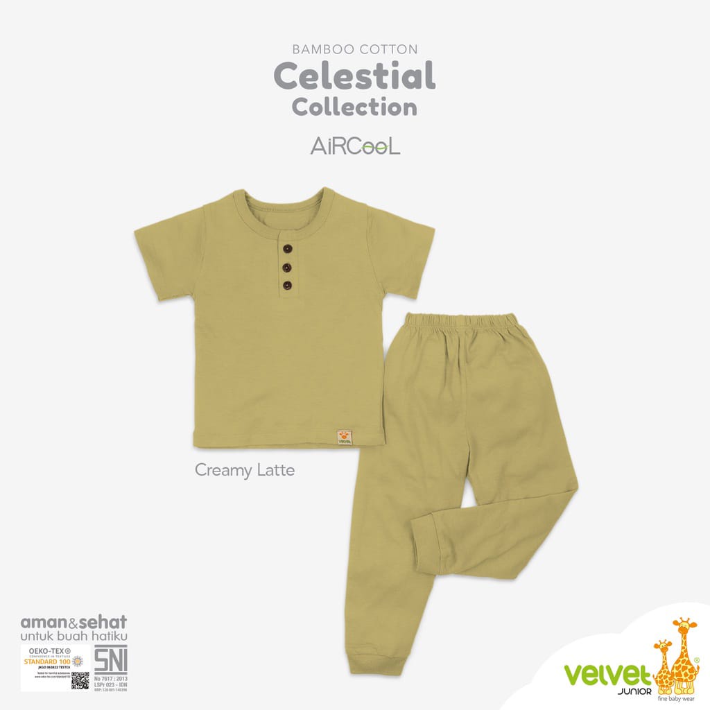 Velvet Junior Celestial Collection Bamboo Cotton Oblong Pendek Kancing Dada Celana Panjang size XL 2345 Piyama Baju Bayi
