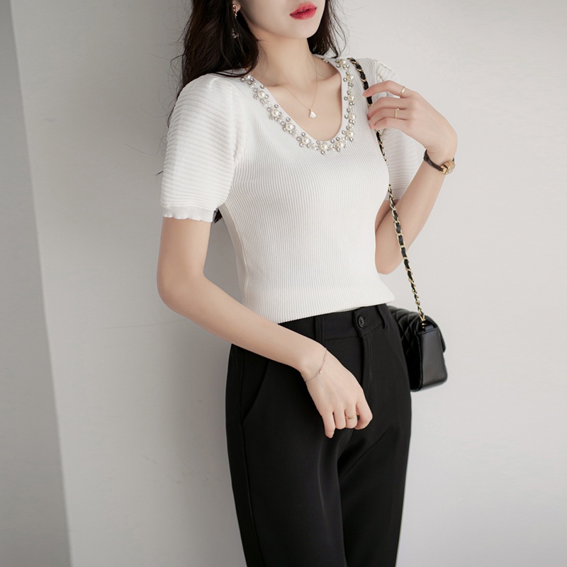 【Elegant】Korean Retro Soft Knit V Neck T-Shirt 2354