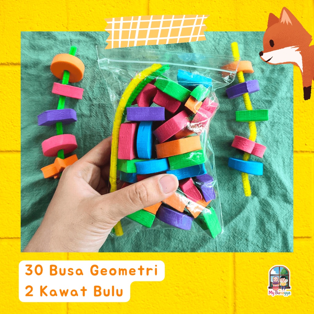 Busa Geometri - Spon Geometri - Meronce - Mainan Edukasi - Mainan Montessori - Pipe Cleaner - Warna-Warni