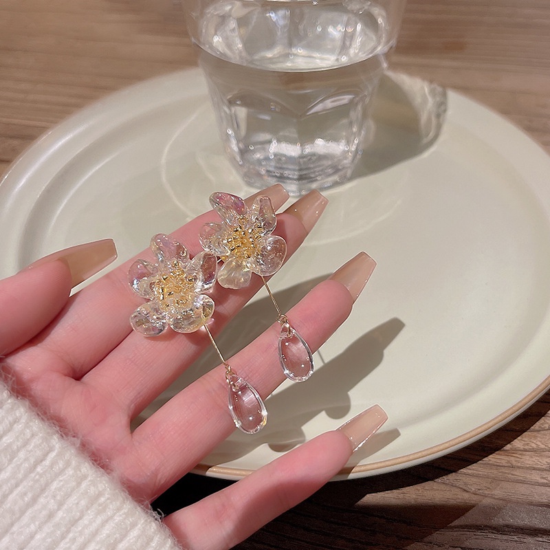 Anting Gantung Panjang Tusuk silver S925 Motif Bunga Aksen Rumbai Transparan Untuk Perhiasan Wanita