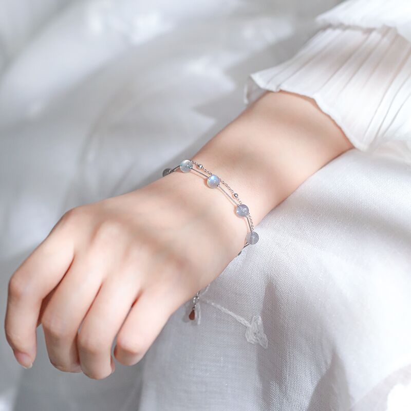 Gelang Silver 925 Hias Batu Bulan Ganda Kristal Biru Alami Gaya Korea Untuk Perempuan