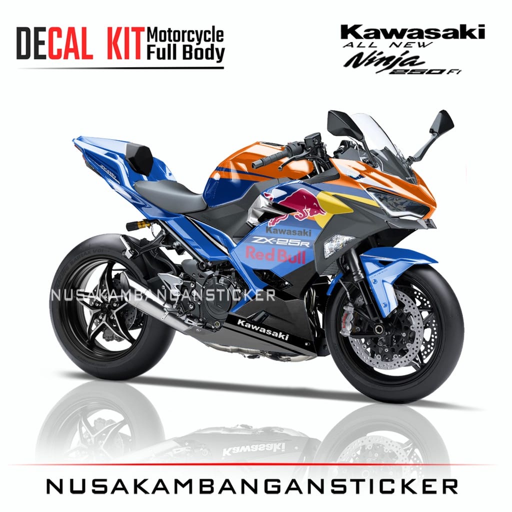 STIKER DECAL SEPEDA MOTOR KAWASAKI NINJA 250 FI ALL NEW FULL BODY RED BULL BIRU ORANGE GRAFIS RACING