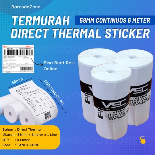 

LABEL DIRECT THERMAL STIKER 58MM X 5M - LABEL CONTINUOUS UNTUK CETAK ALAMAT - PRINTER POS THERMAL