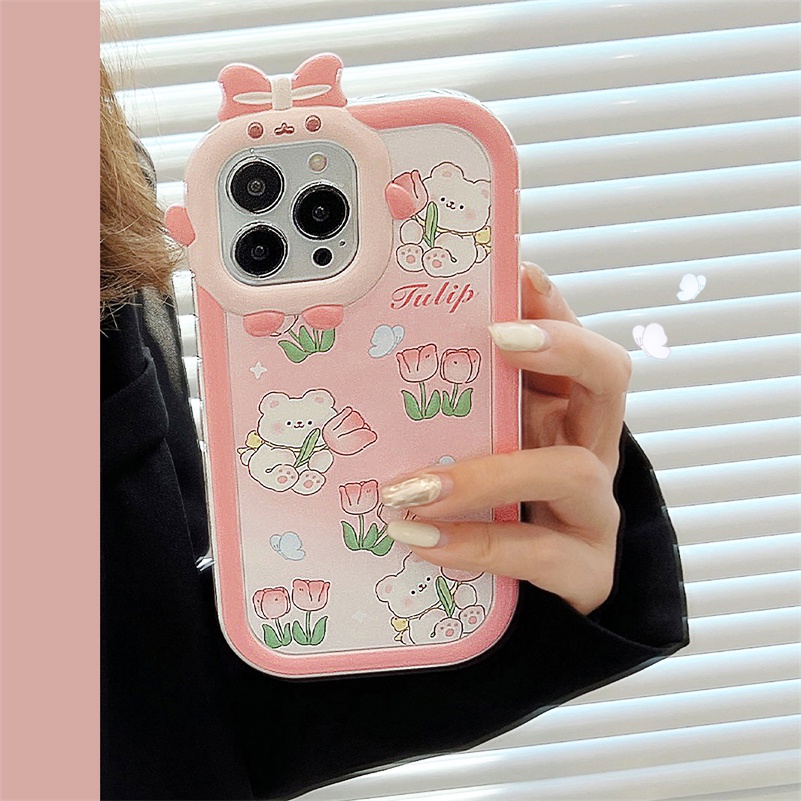 Soft Case Silikon Motif Beruang / Bunga Pink Untuk iPhone 14 13 12 11 Pro Max X Xr Xs Max 7 8 6 6s Plus