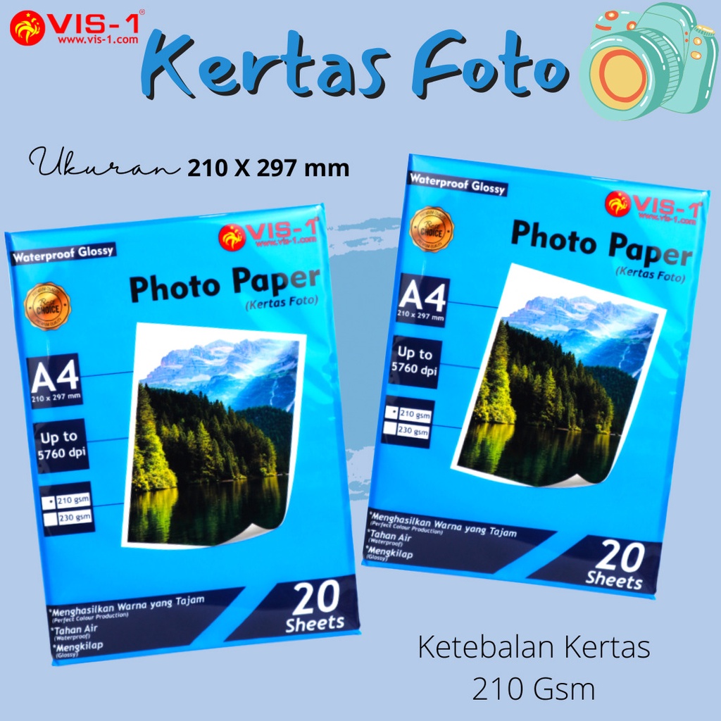 

Kertas Foto Glossy A4 / Kertas Glossy Photo Paper VIS-1 A4 210GSM (1Pack isi 20 Lembar)