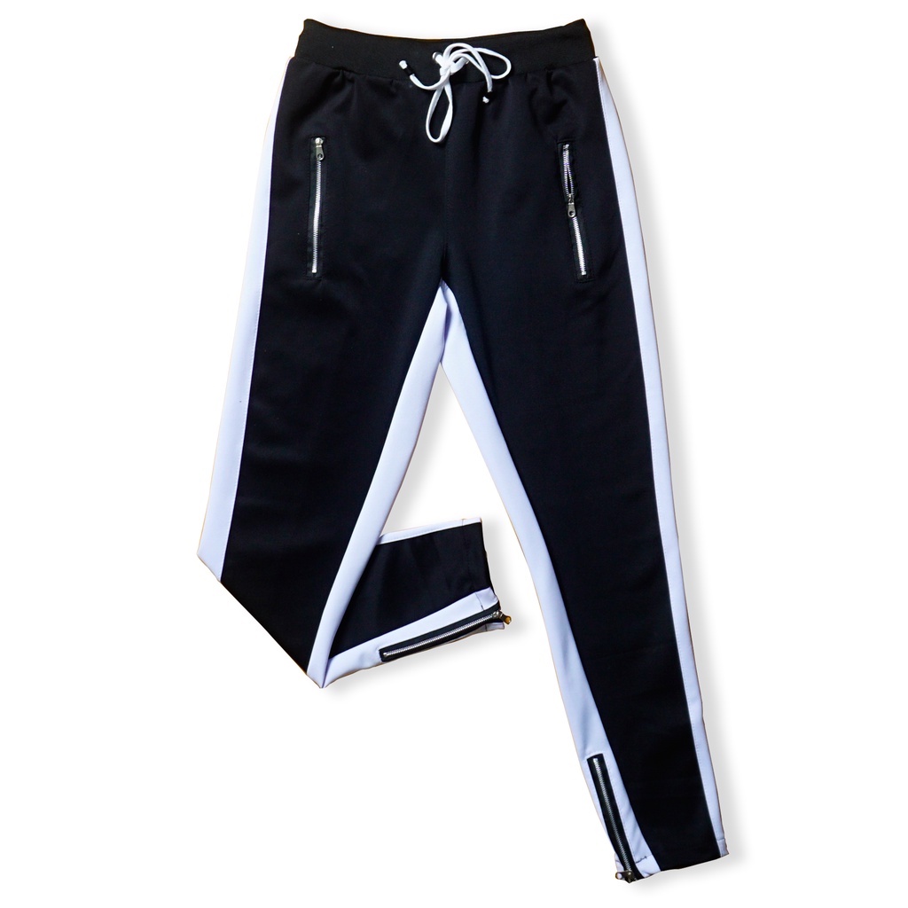 VCRL Celana Pria Hypebeast Hitam Strip Putih Depan Belakang Bahan Osaka Streach