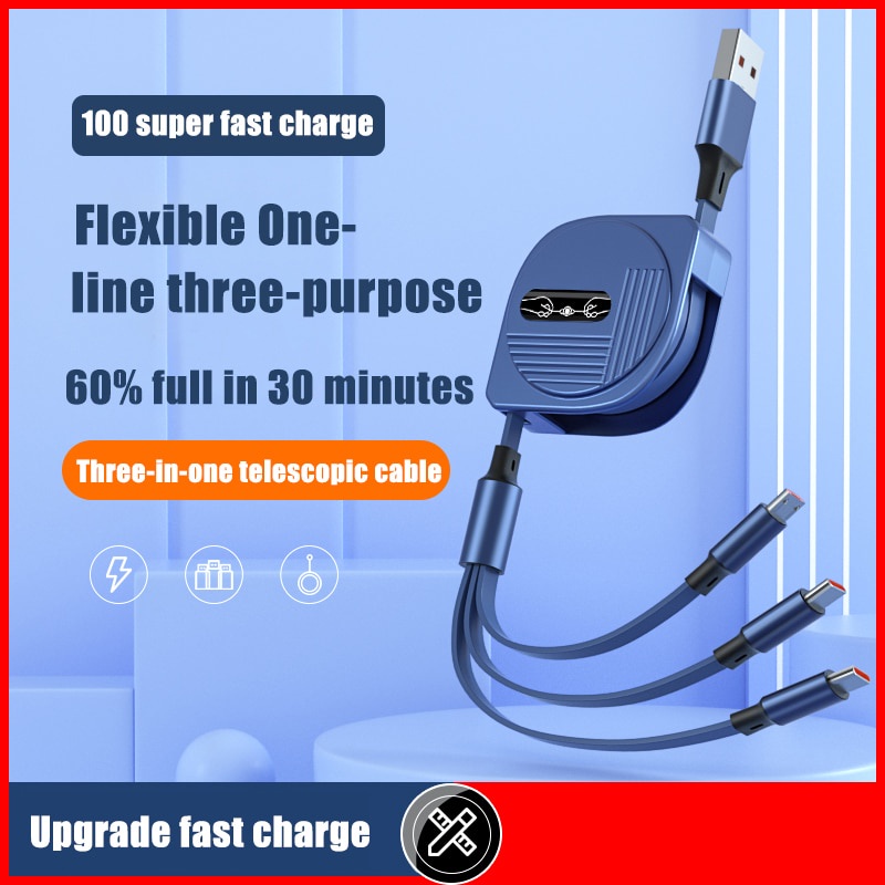 3 in 1 Kabel Charger USB Tipe C 6A 100W Retractable Portable Untuk iPhone