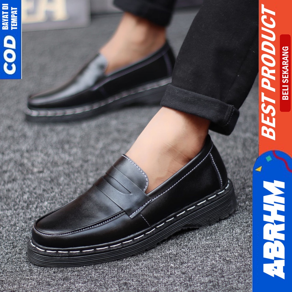 ABRHM Sepatu Loafers Pantofel Formal Docmart Kerja Pria Hitam