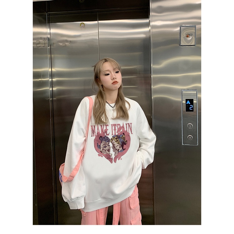 EUNII Sweater Lengan Panjang Retro Love Korean Style/Hoodie Oversize/Baju Wanita/Switer Wanita