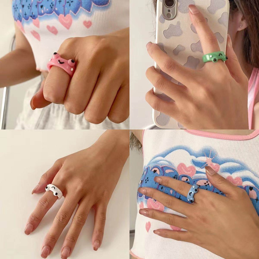 Cincin Transparan Tahan Air Desain Kartun Katak Warna Pink Hijau Gaya Korea Untuk Pria Dan Wanita