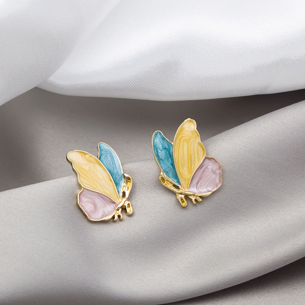 Anting Stud Desain Hewan Kupu-Kupu Warna Emas Putih Hijau Gaya Minimalis Untuk Wanita