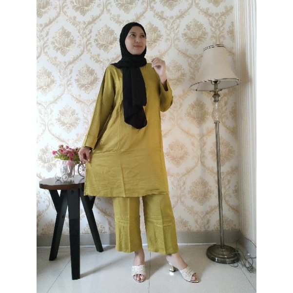 Tunik rayon twill , setelan tunik, setelan kekinian, tunik