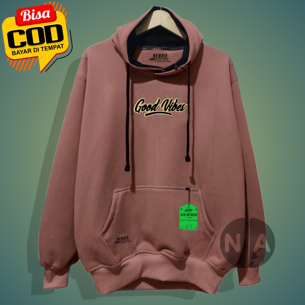 Hodie pria distro warna cream sablon Good Vibes Sweater pria distro keren Hoodie pria distro aesthetic graffity simple Jaket pria Hudie Oversize M L XL XXL