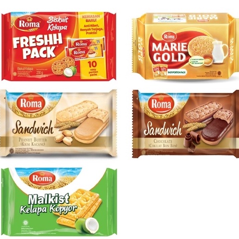 

roma sandwich chocolate 216 gr, marie gold 240 gr, peanut butter 189 gr, kelapa fresh pack 230 gr, kopyor cracker 252 gr