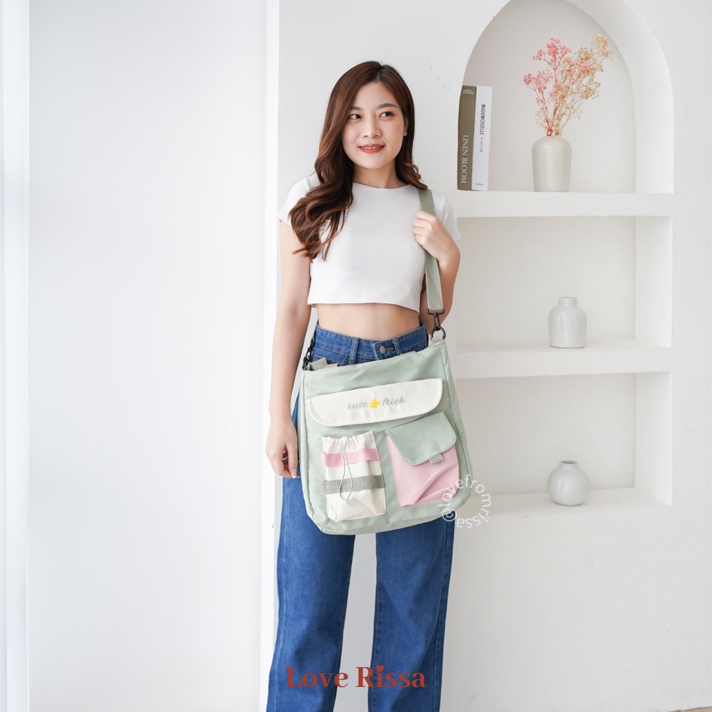 Tas Iris Tas Korean Style Tas Wanita Tas Selempang Tote Bag 2 in 1 Tas Sekolah Tas Cantik Lucu Solid Color Love Rissa