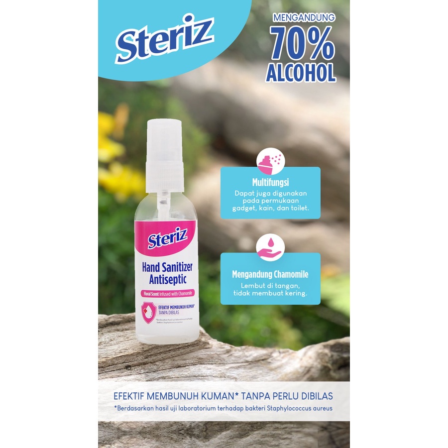 STERIZ Hand Sanitizer Antiseptic Essential Oil Scent dan Floral Scent 60ml Membunuh 99.9% Kuman