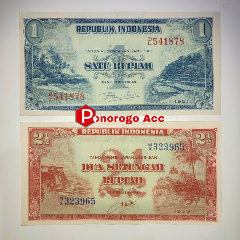 (GRESS/BARU) Paket uang kuno 1 rupiah dan 2 ½ rupiah seri pemandangan tahun 1951 dan 1953 2 setengah pemandangan alam bahan mahar nikah 1 rupiah 2 setengah rupiah biru dan merah