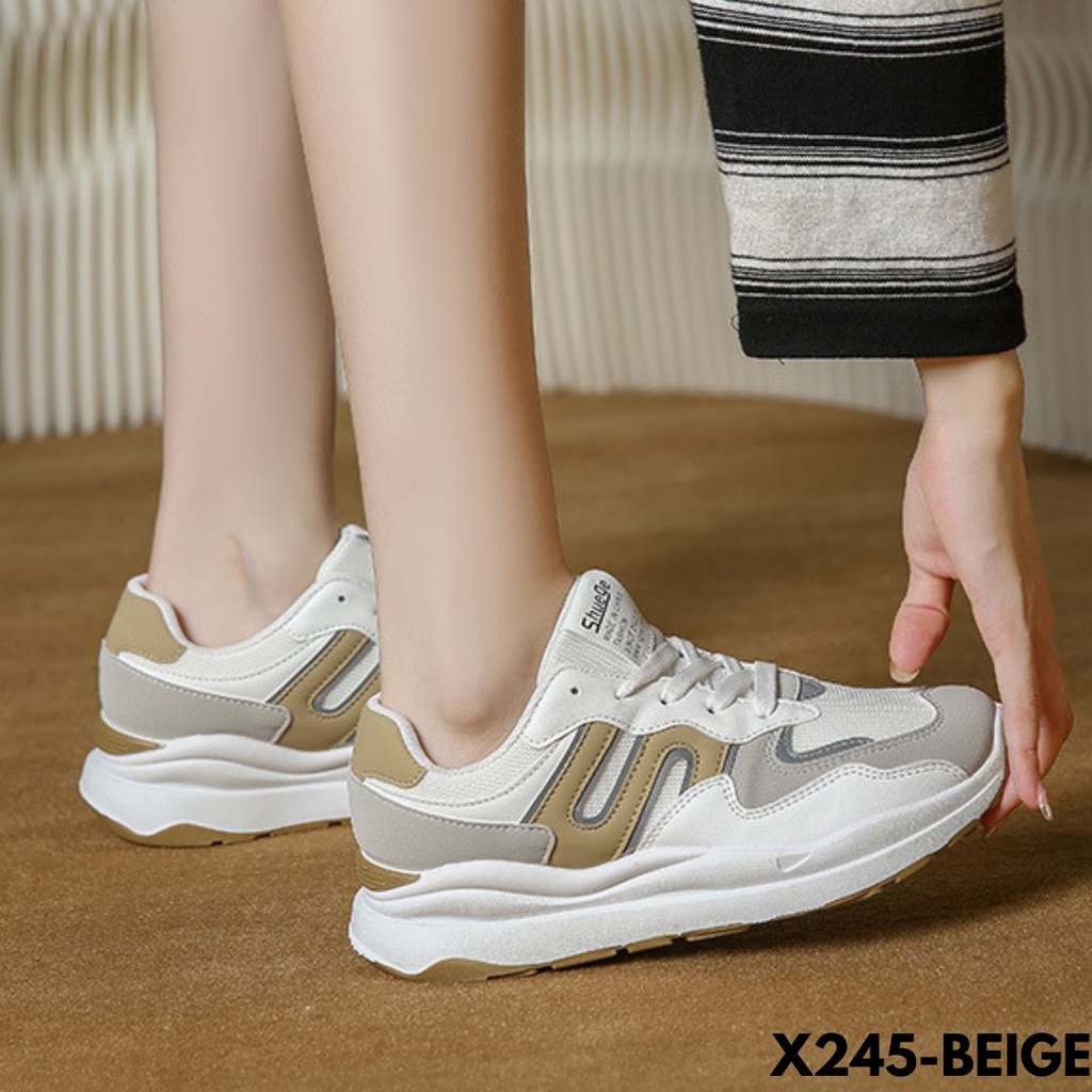 SEPATU WANITA SNEAKERS GAPAKE RIBET PAKAINYA IMPORT BAHAN PU COMBI MESH 245