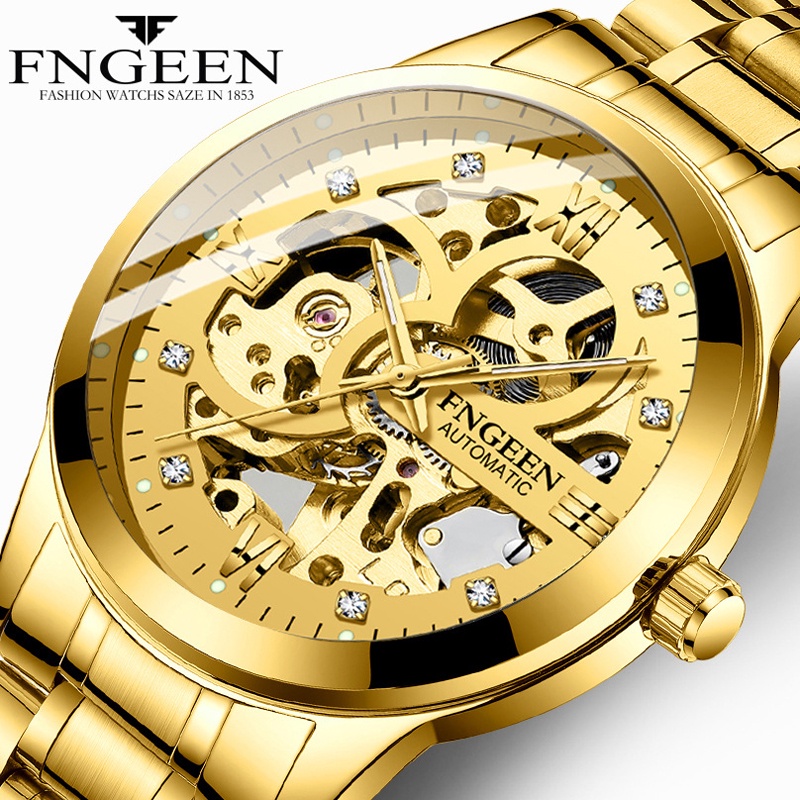 ❡☈Fngeen Emas Automatic Watch Pria Stainless Steel Strap Skeleton Jam Tangan Mekanik Top Brand Mewah