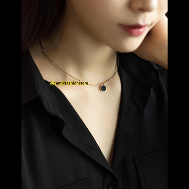 Kalung Titanium Wanita Trending Liontin Bulat Hitam Asli Titanium Anti Karat Selamanya Kalung Titanium Fashion Style Wanita Korea