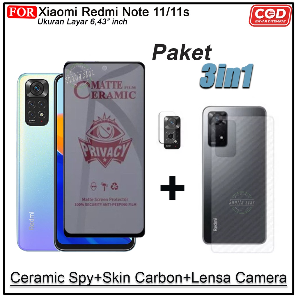 PAKET 3IN1 Anti Gores Ceramic Privacy Matte Xiaomi Redmi Note 11 11s 11 Pro 4G/5G 10 4G 10 5G 10s 10 Pro Anti Spy Full Cover