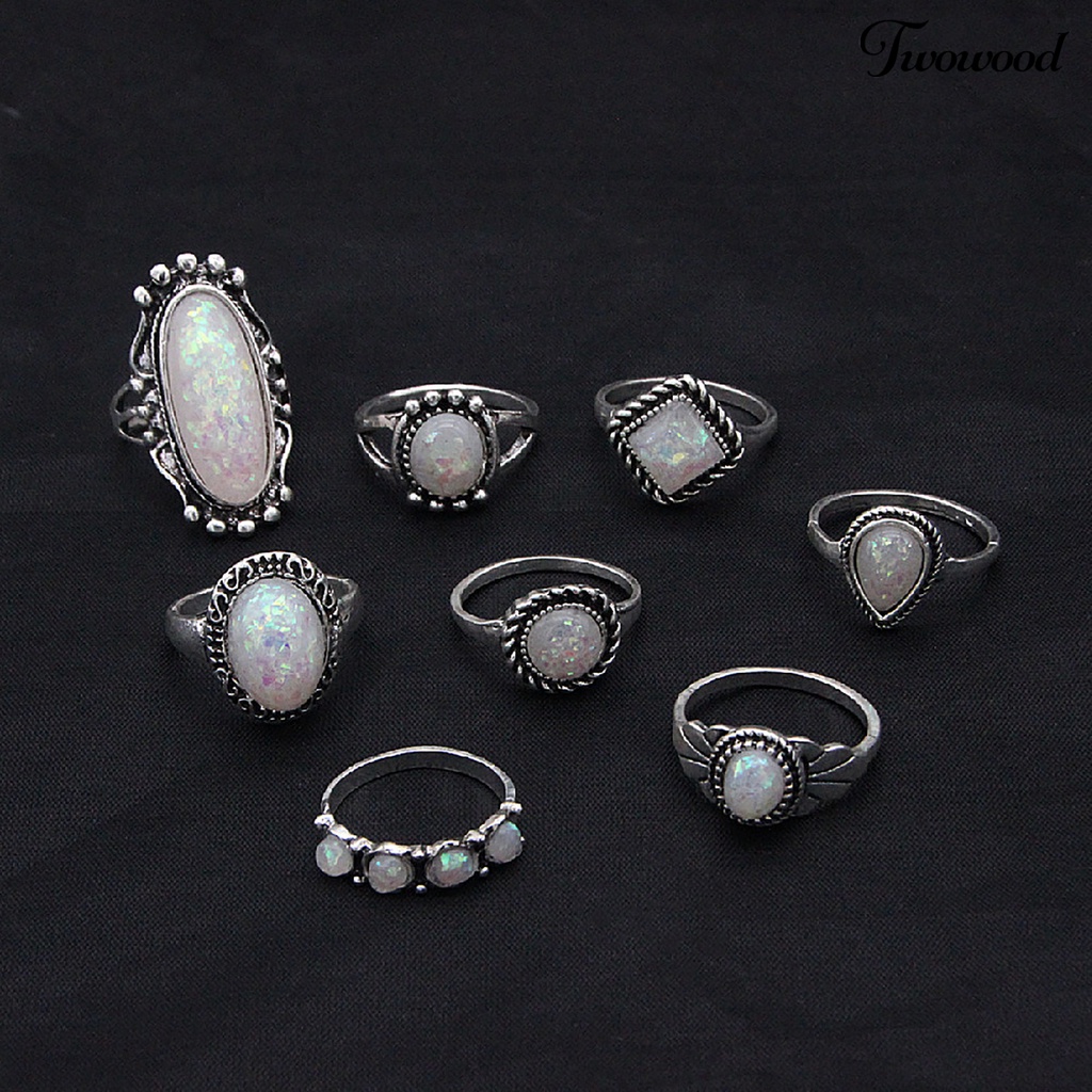 8pcs / Set Cincin Knuckle Bentuk Kotak Stackable Warna Silver Aksen Permata Imitasi Gaya Etnik