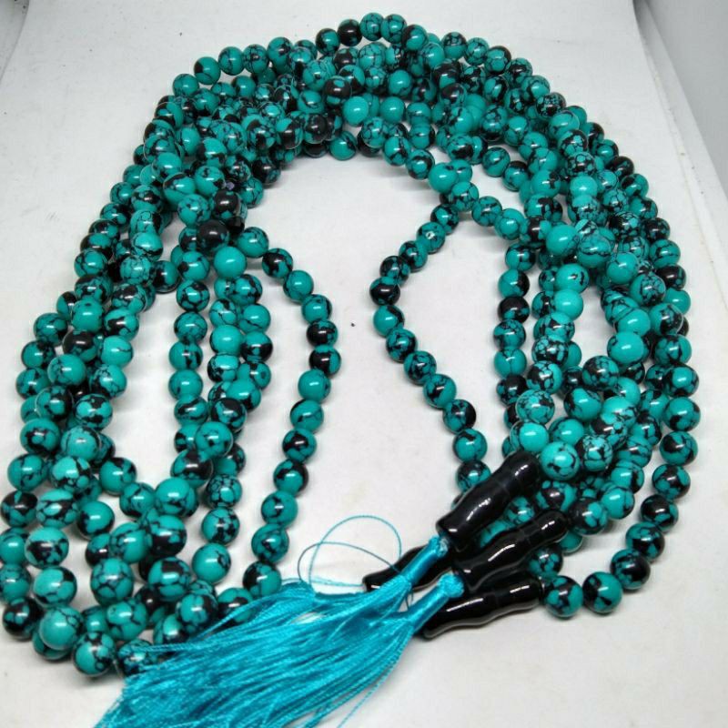 Tasbih 99 batu pirus biru 8mm serat hitam / tasbih batu akik pirus urat hitam