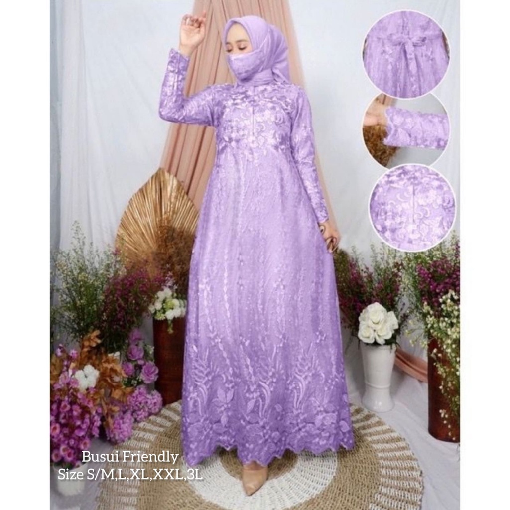 Lesya (New Product)Maxi Dress Brukat Tile Premium Full Depan Belakang /Gamis Pesta Kondangan/Free Masker+Tali Obi / Sleting Depan Busui  Friendly/Seragam Bridesmaid Brokat Mewah