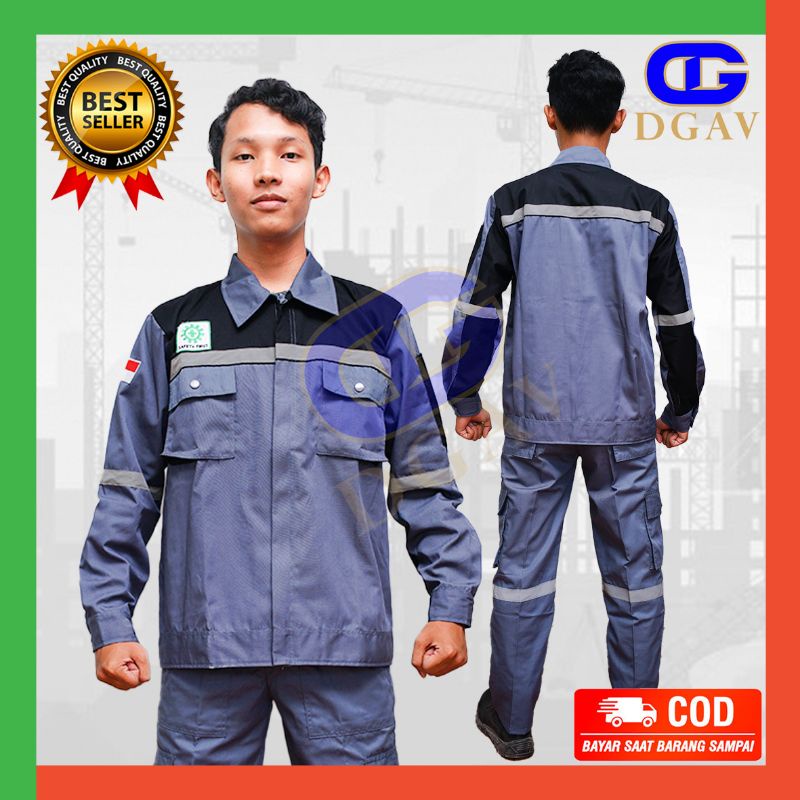 wearpack safety setelan lengan panjang abu kombinasi hitam
