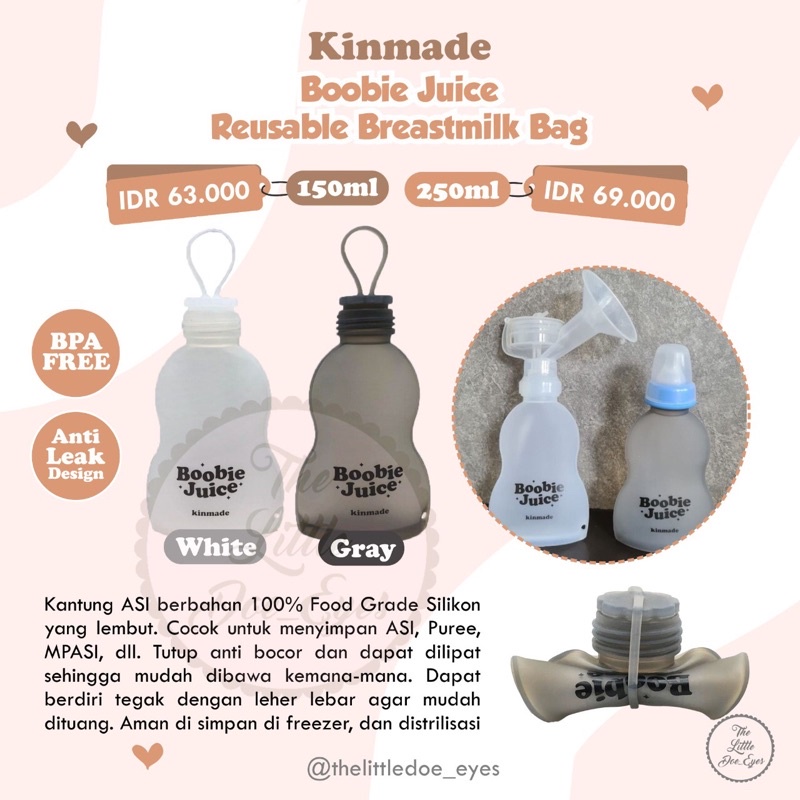 Kinmade Boobie Juice Reusable Breastmilk Bag / Tutup Silicone Nozzle