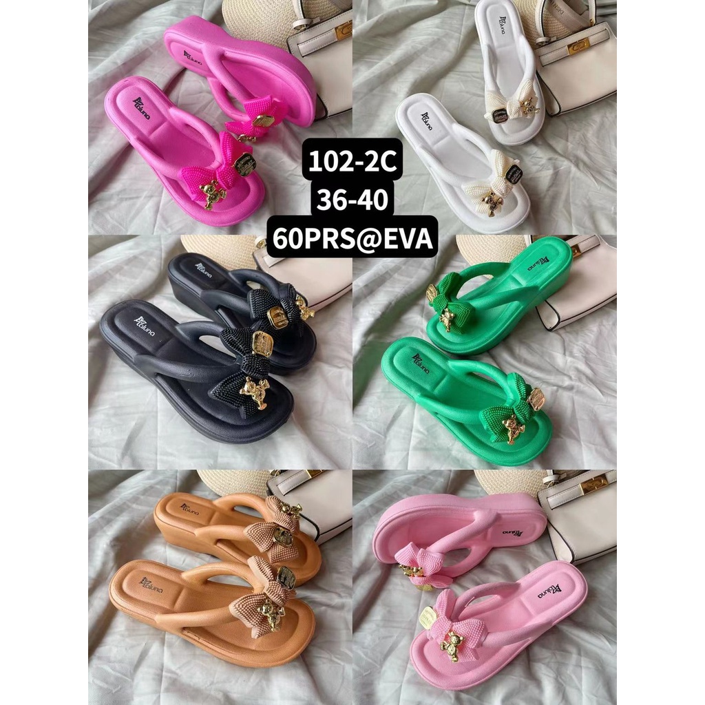 Sandal Jepit Wedges Wanita Motif Pita Gold Bear Tinggi 6CM EVA RUBBER Non-Slip Import 102-2C