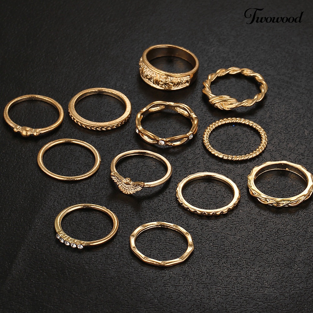 12 Pcs / Set Cincin Knuckle Berlian Imitasi Model Ukir Twisted Gaya Retro Untuk Wanita