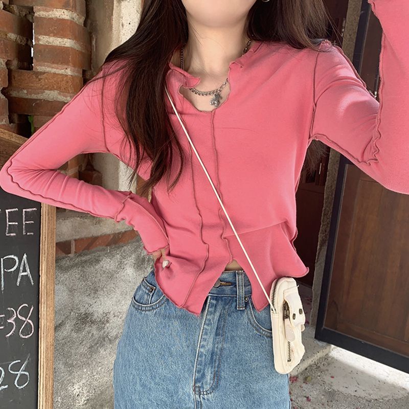 Red Plus beludru lengan panjang T-shirt wanita in musim gugur dan musim dingin slim fit dan tipis gadis panas desain rasa ceruk celah bawah kemeja top trendi