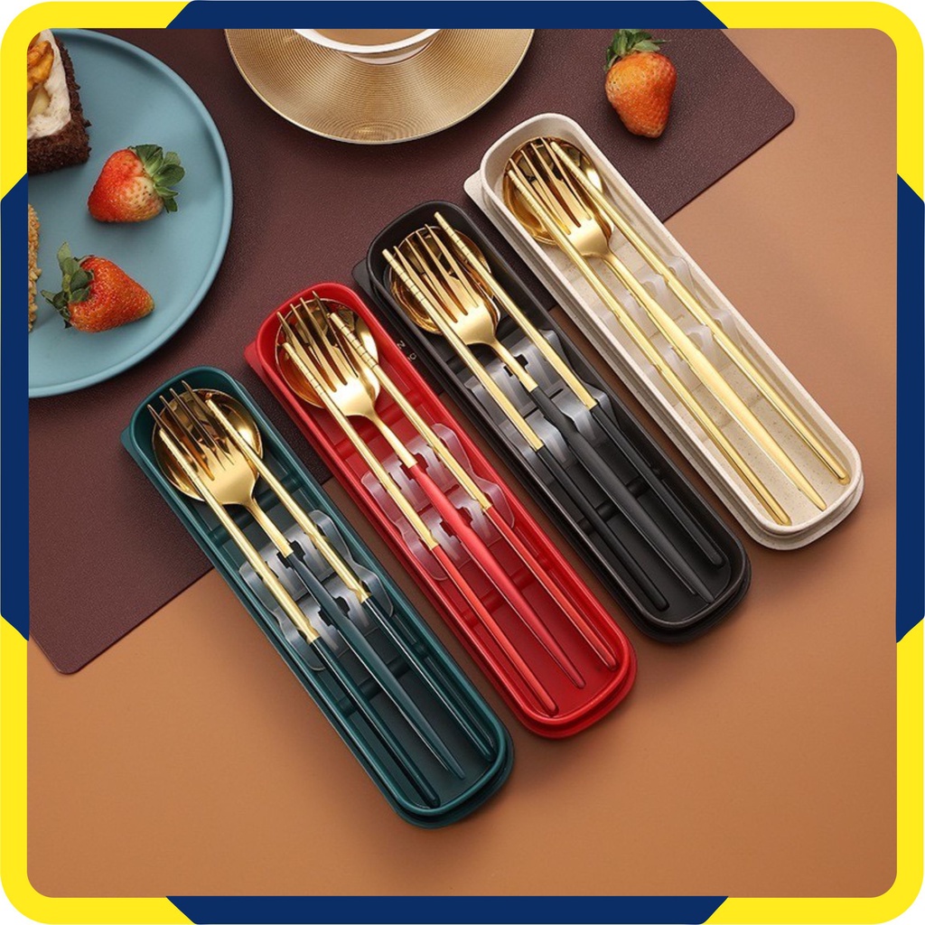 Murah Lebay S116 Alat Makan Cutlery Set Sendok Garpu Sumpit Emas Portable Korean Korea Dengan Wadah