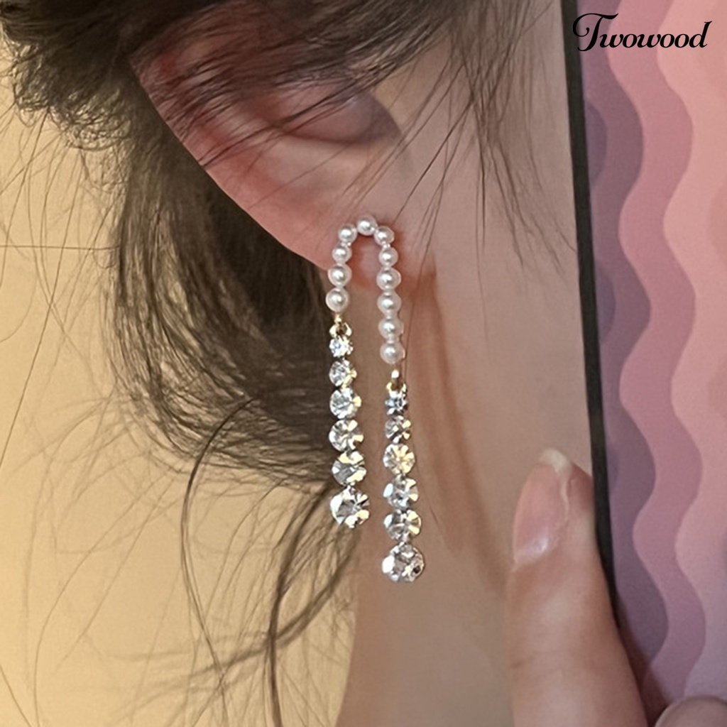 1 Pasang Anting Juntai Panjang Aksen Mutiara Tiruan Bahan Cubic Zirconia Gaya Perancis Untuk Wanita